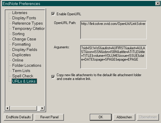 Einfügen der Adresse des Linkresolvers der SULB Einfügen der Adresse des Linkresolvers der SULB